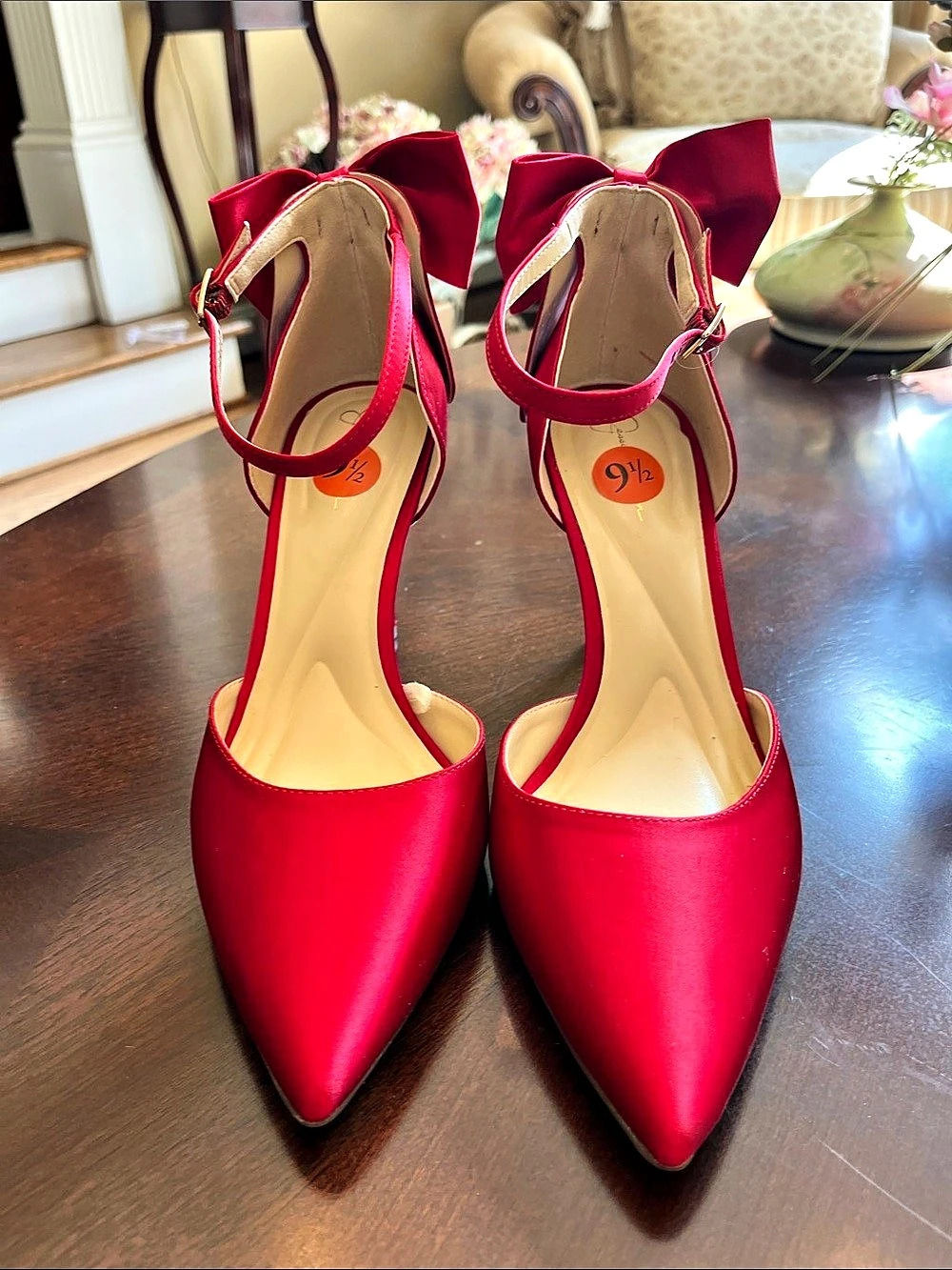 Jessica Simpson Penari Pointed Toe Half d'Orsay Pump Penari Red Bow Ankle Strap